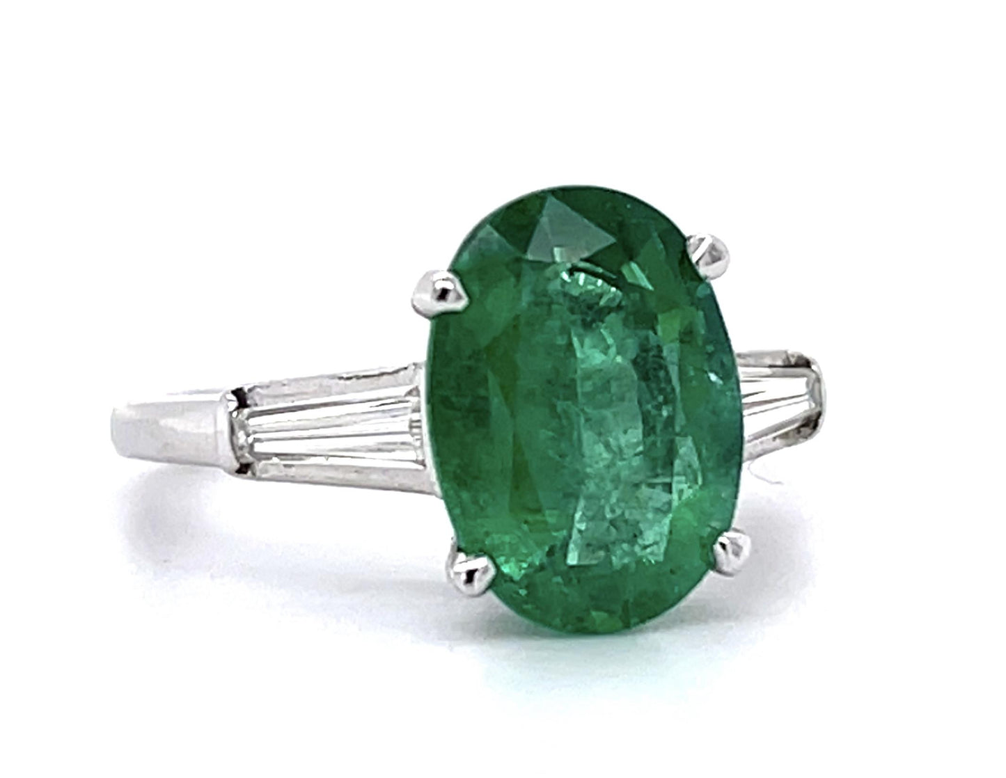 3.18ct Oval Emerald .48ct Tapered Baguette Diamond Platinum Ring
