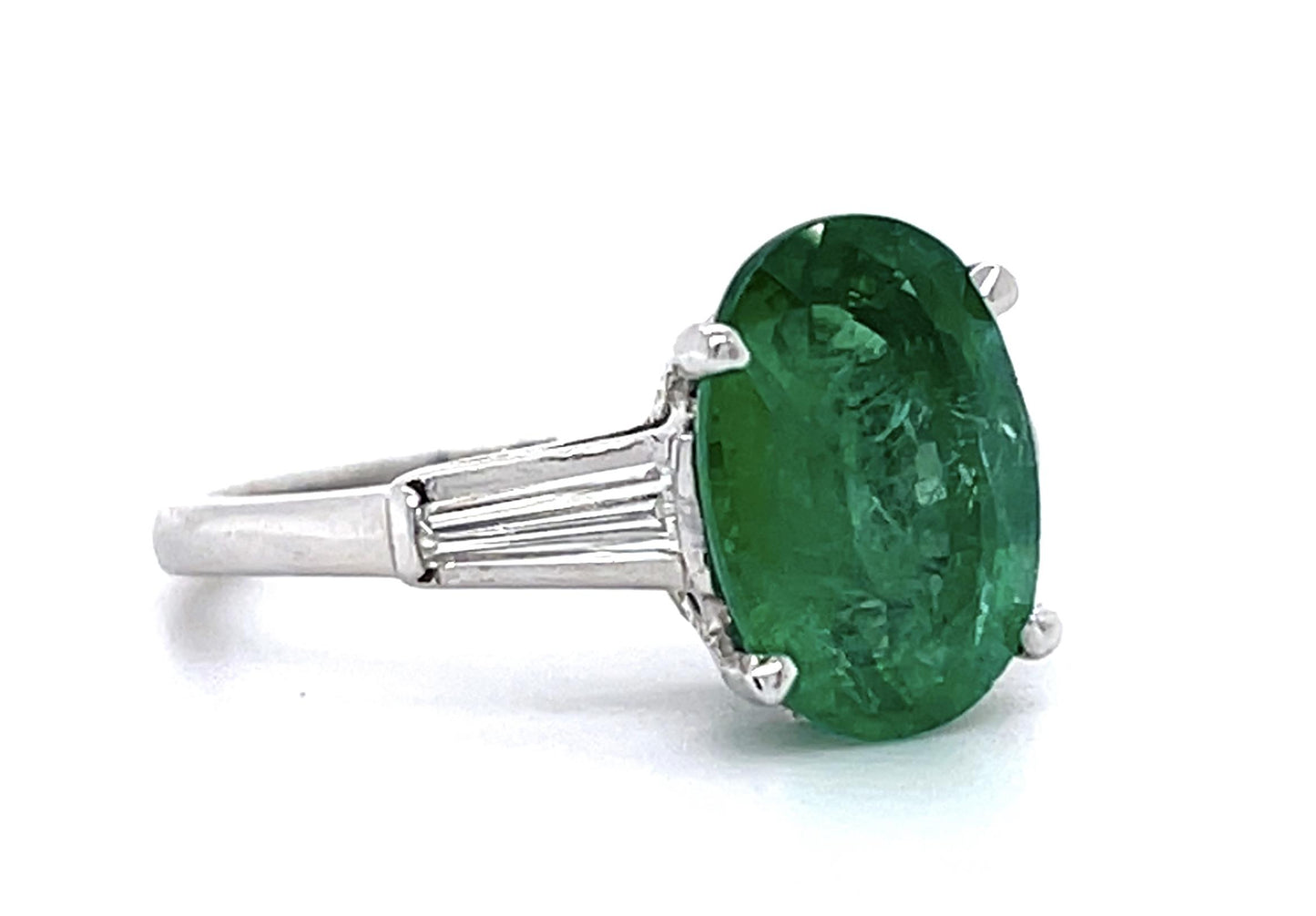 3.18ct Oval Emerald .48ct Tapered Baguette Diamond Platinum Ring