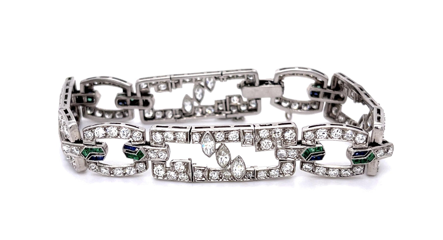 Art Deco 8ct Diamond Sapphire + Emerald Platinum Bracelet 29g 7.25"