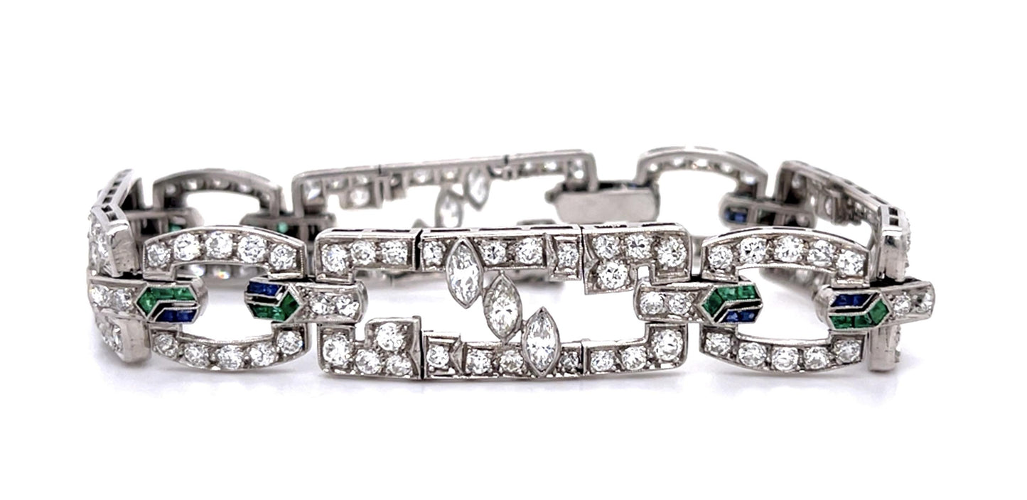 Art Deco 8ct Diamond Sapphire + Emerald Platinum Bracelet 29g 7.25"