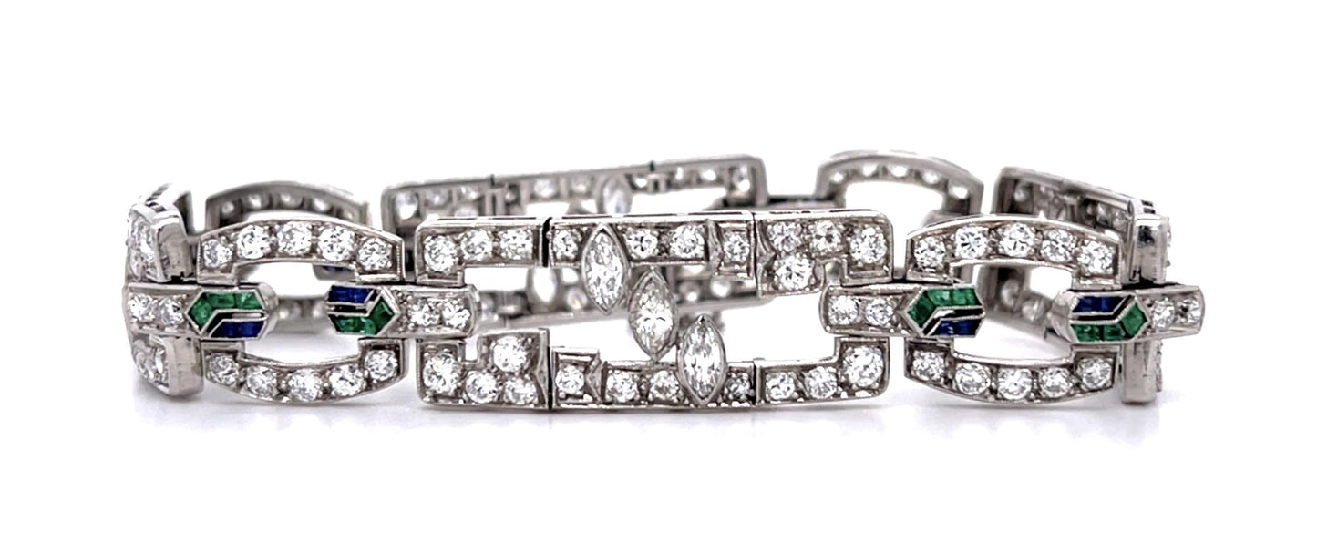 Art Deco 8ct Diamond Sapphire + Emerald Platinum Bracelet 29g 7.25"