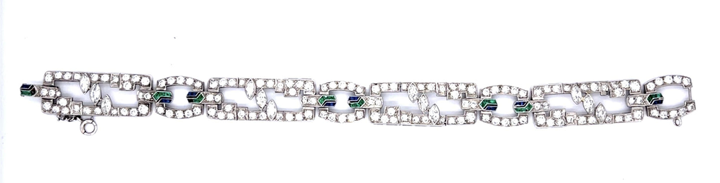 Art Deco 8ct Diamond Sapphire + Emerald Platinum Bracelet 29g 7.25"