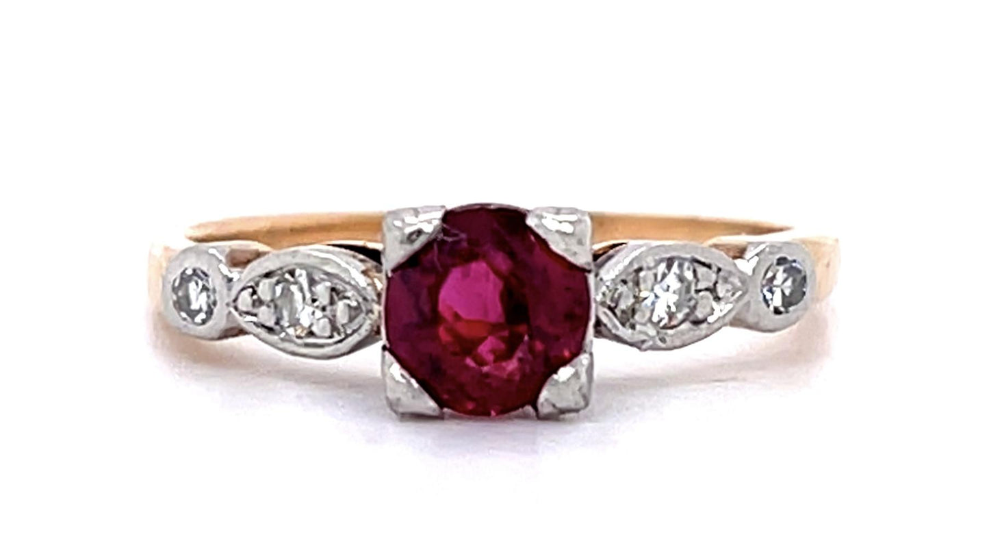 Edwardian .80ct Ruby .08ct Diamond PT+14KY Ring (Antique 1900s)