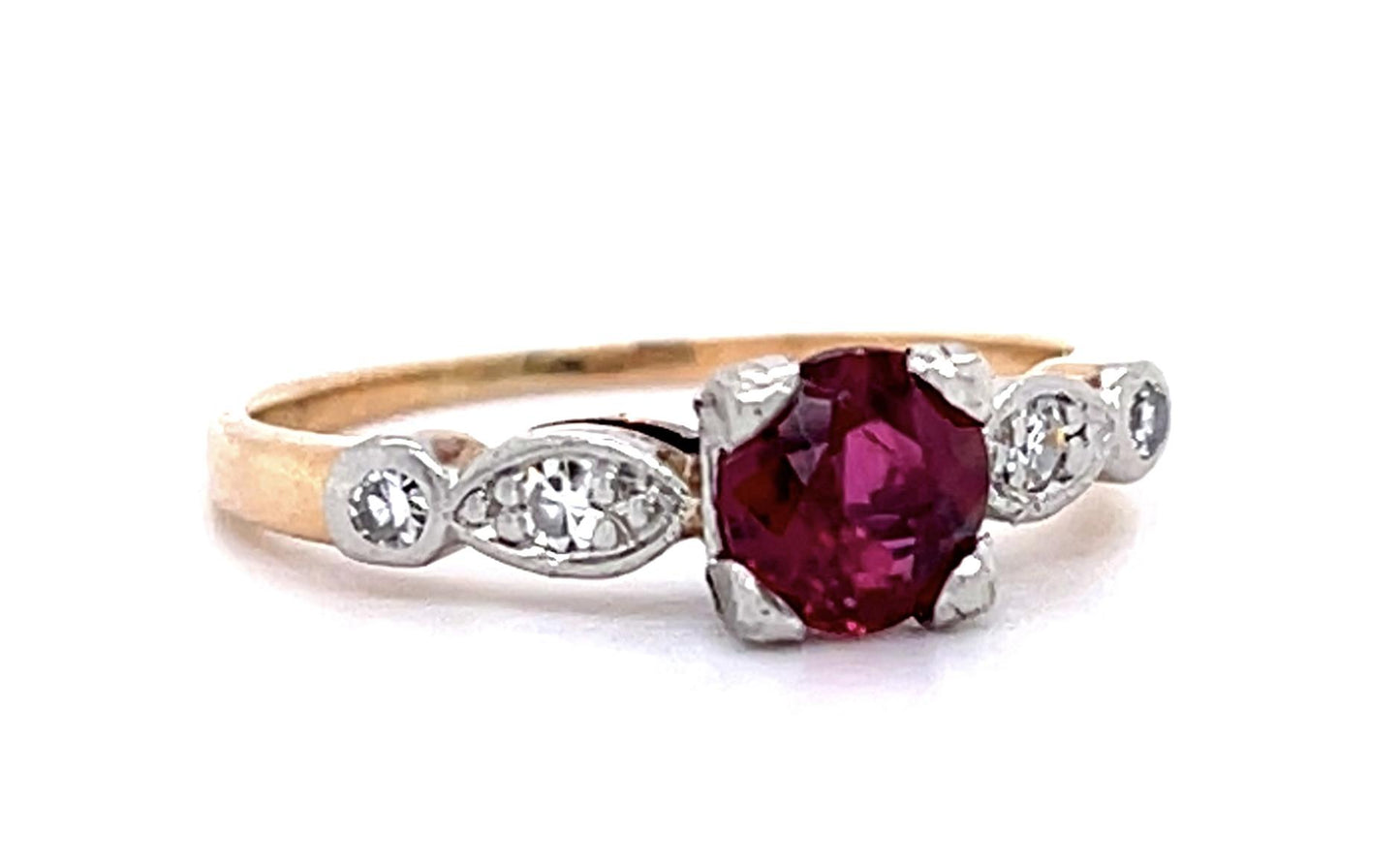 Edwardian .80ct Ruby .08ct Diamond PT+14KY Ring (Antique 1900s)
