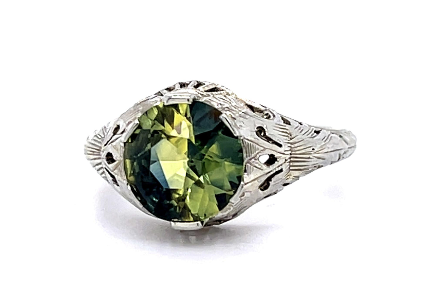 Original Art Deco 2.60ct Green Yellow Greenish Yellow Sapphire 18KW Ring