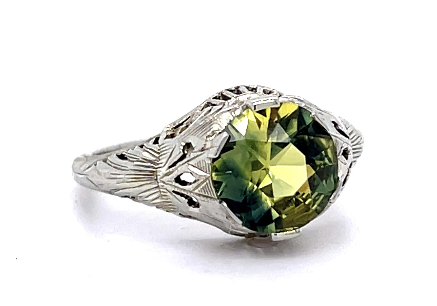 Original Art Deco 2.60ct Green Yellow Greenish Yellow Sapphire 18KW Ring