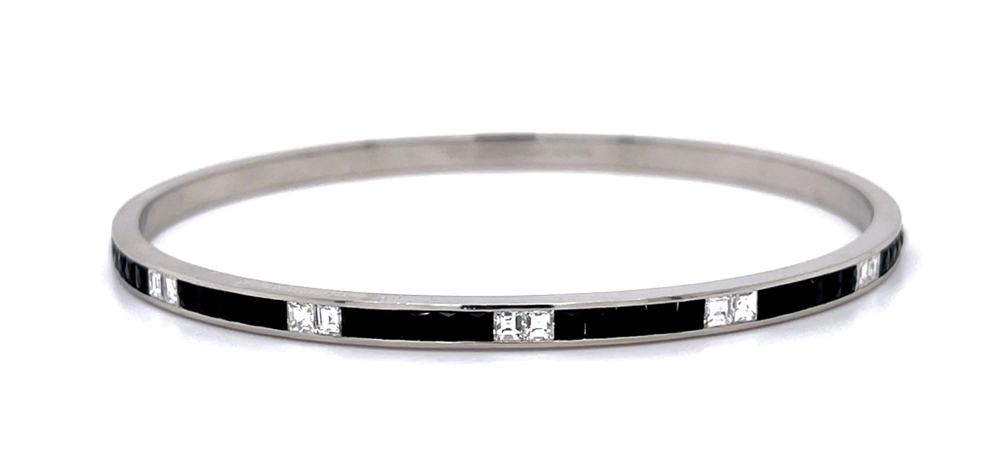 1.80ct French-cut Onyx .85ct Carre Diamond Platinum Engraved Bangle Bracelet