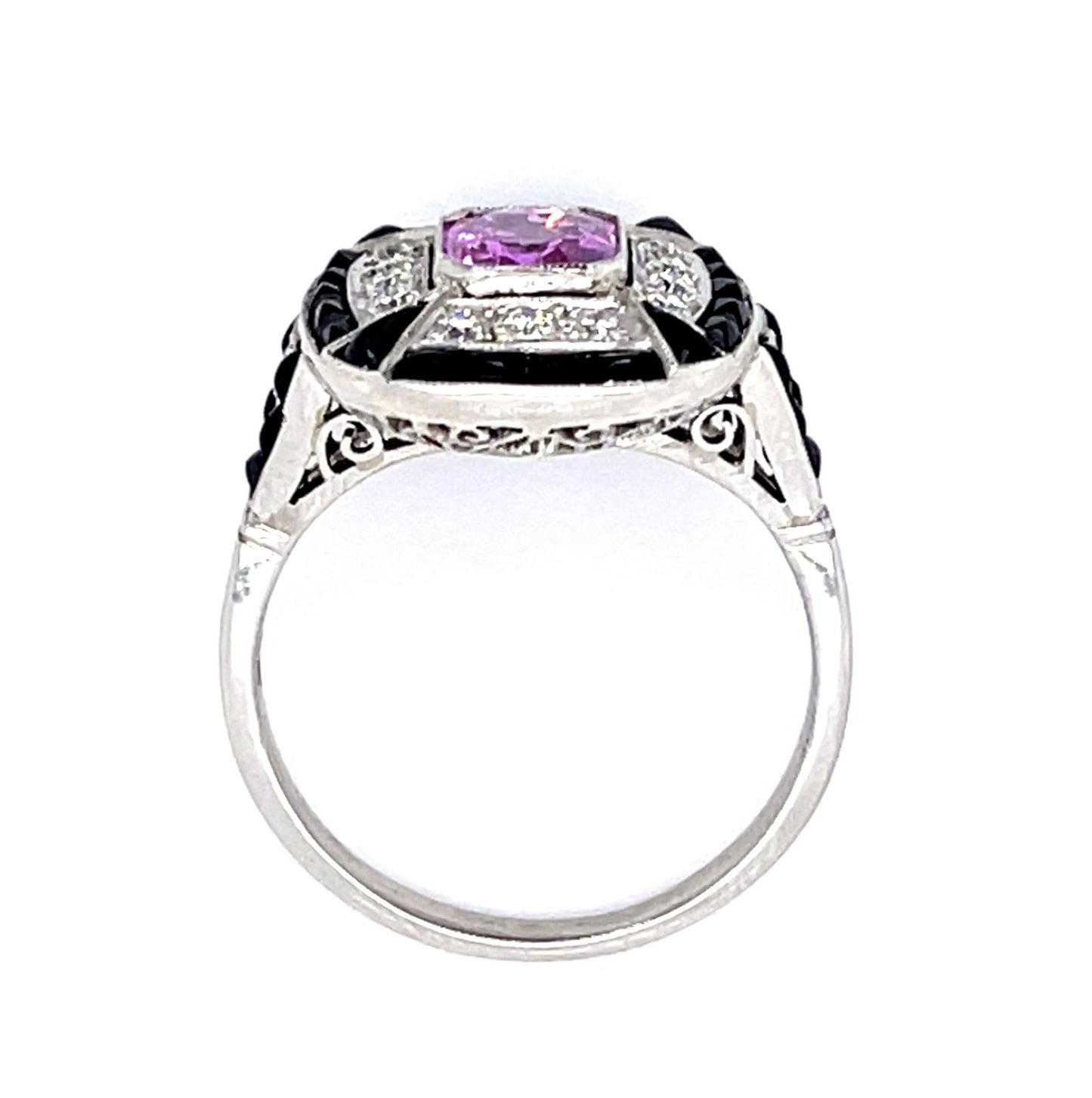 1.03ct Pink Sapphire .33ct Diamond + Onyx Platinum Handmade Ring