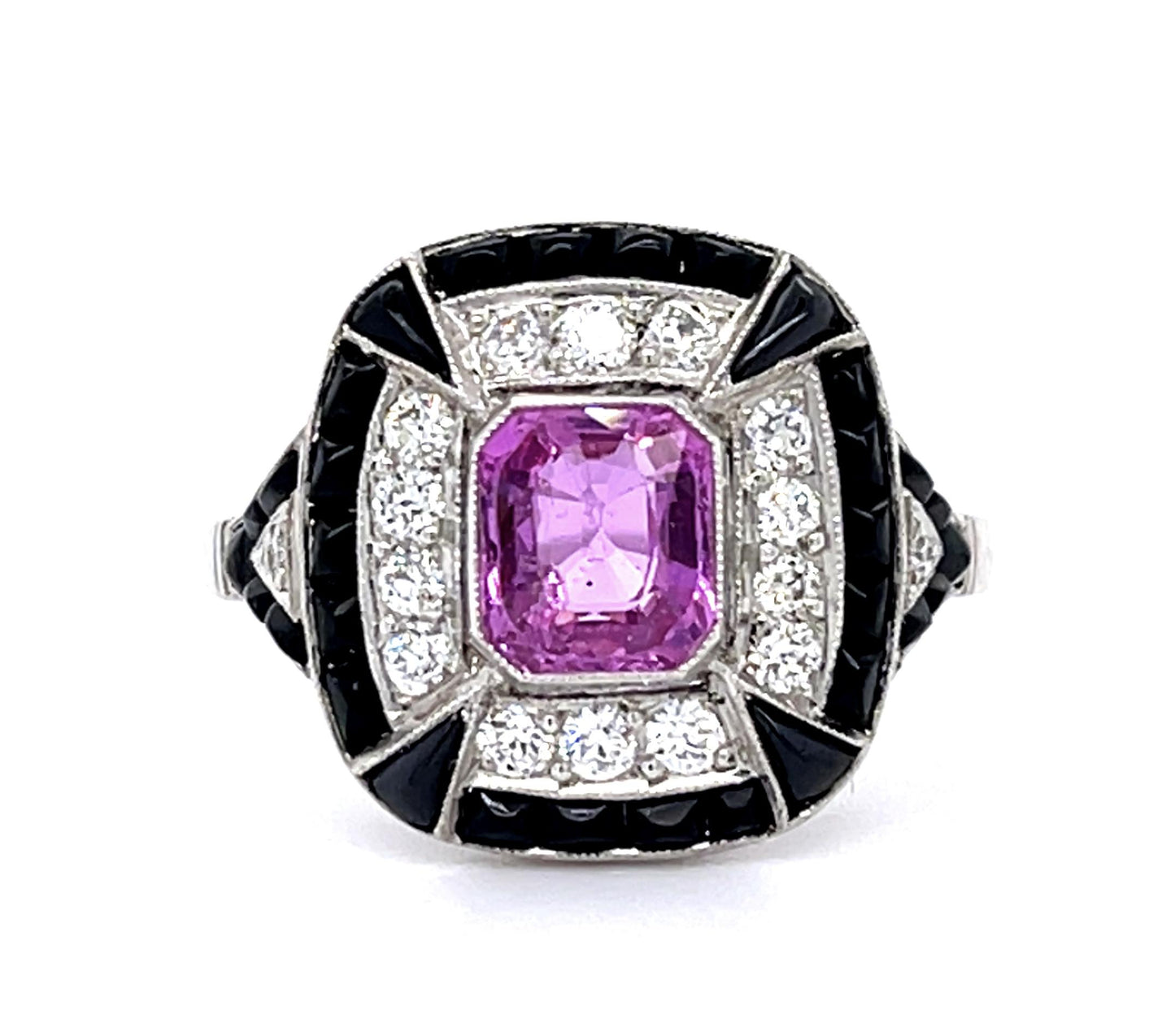 1.03ct Pink Sapphire .33ct Diamond + Onyx Platinum Handmade Ring