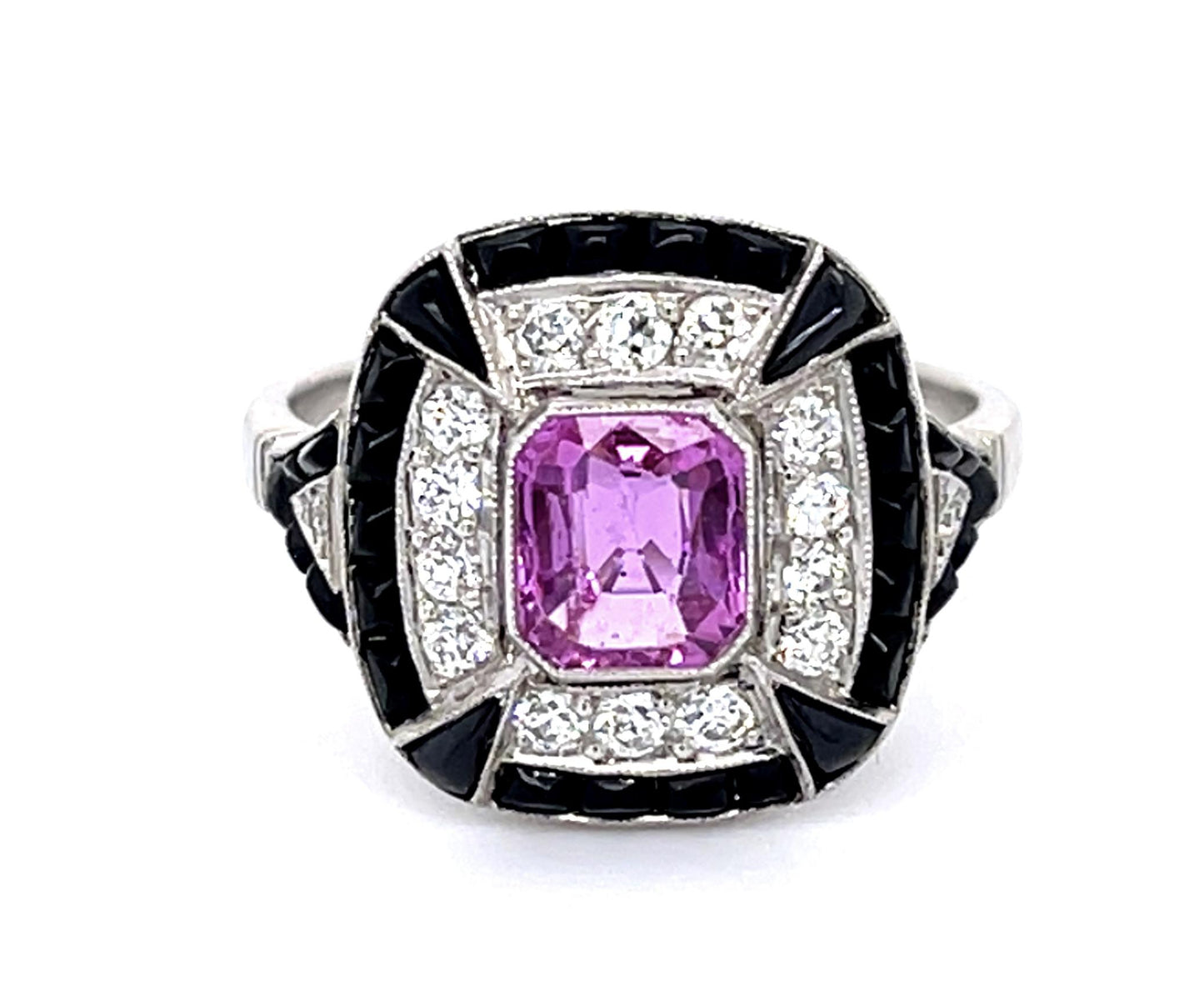 1.03ct Pink Sapphire .33ct Diamond + Onyx Platinum Handmade Ring