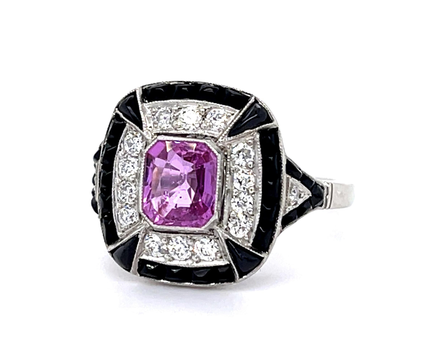 1.03ct Pink Sapphire .33ct Diamond + Onyx Platinum Handmade Ring