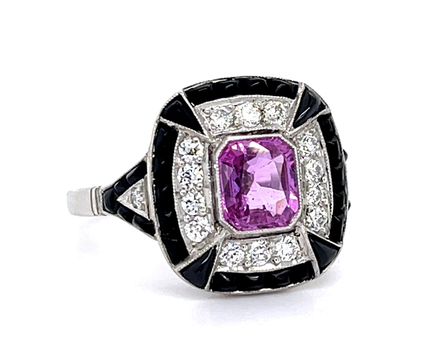 1.03ct Pink Sapphire .33ct Diamond + Onyx Platinum Handmade Ring
