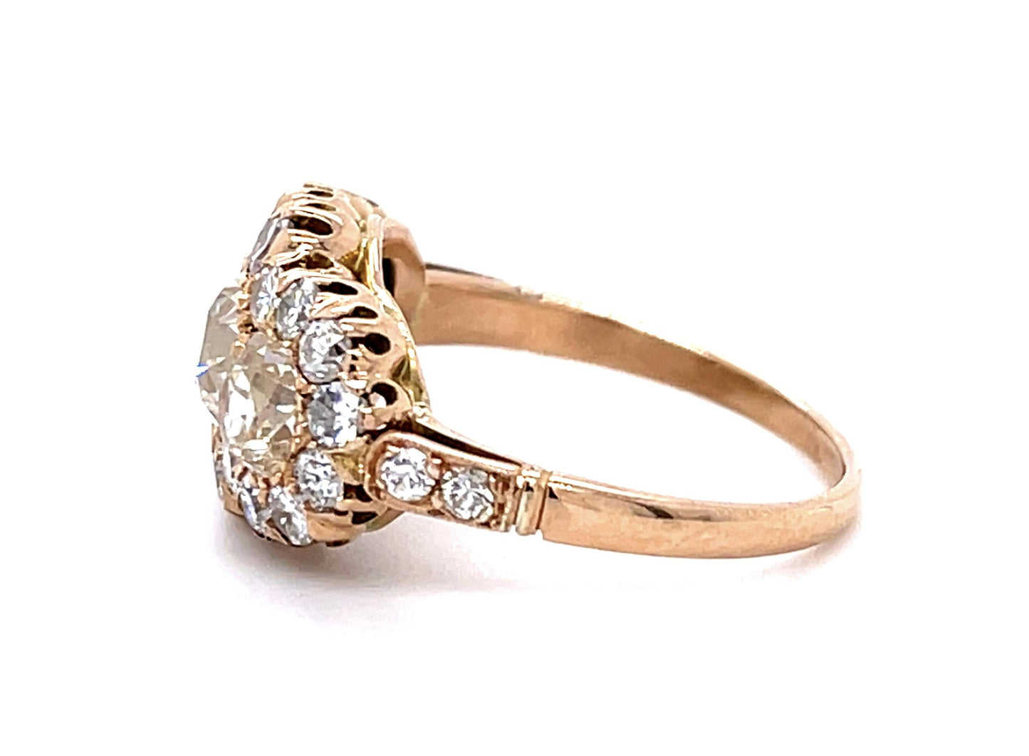 1.41ct Old European Center Diamonds 18KY Three Stone Ring .91ct SD