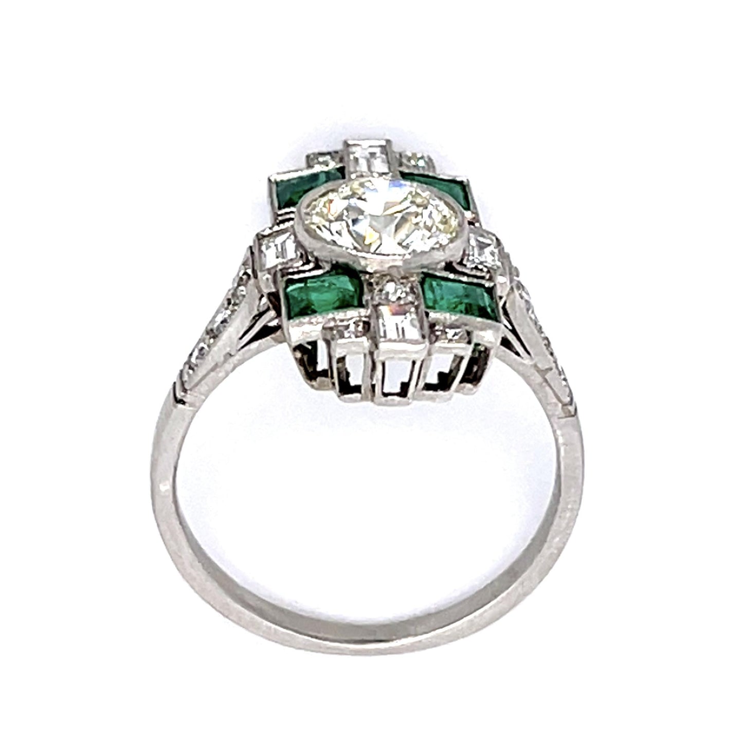1.47ct Old European Center Diamond .72ct Emerald Platinum Handmade Ring .48ct SD