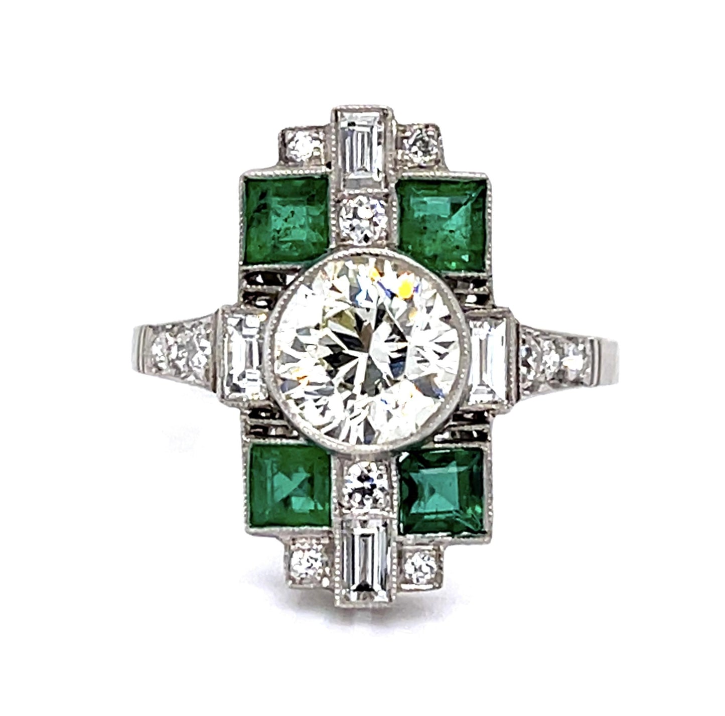 1.47ct Old European Center Diamond .72ct Emerald Platinum Handmade Ring .48ct SD