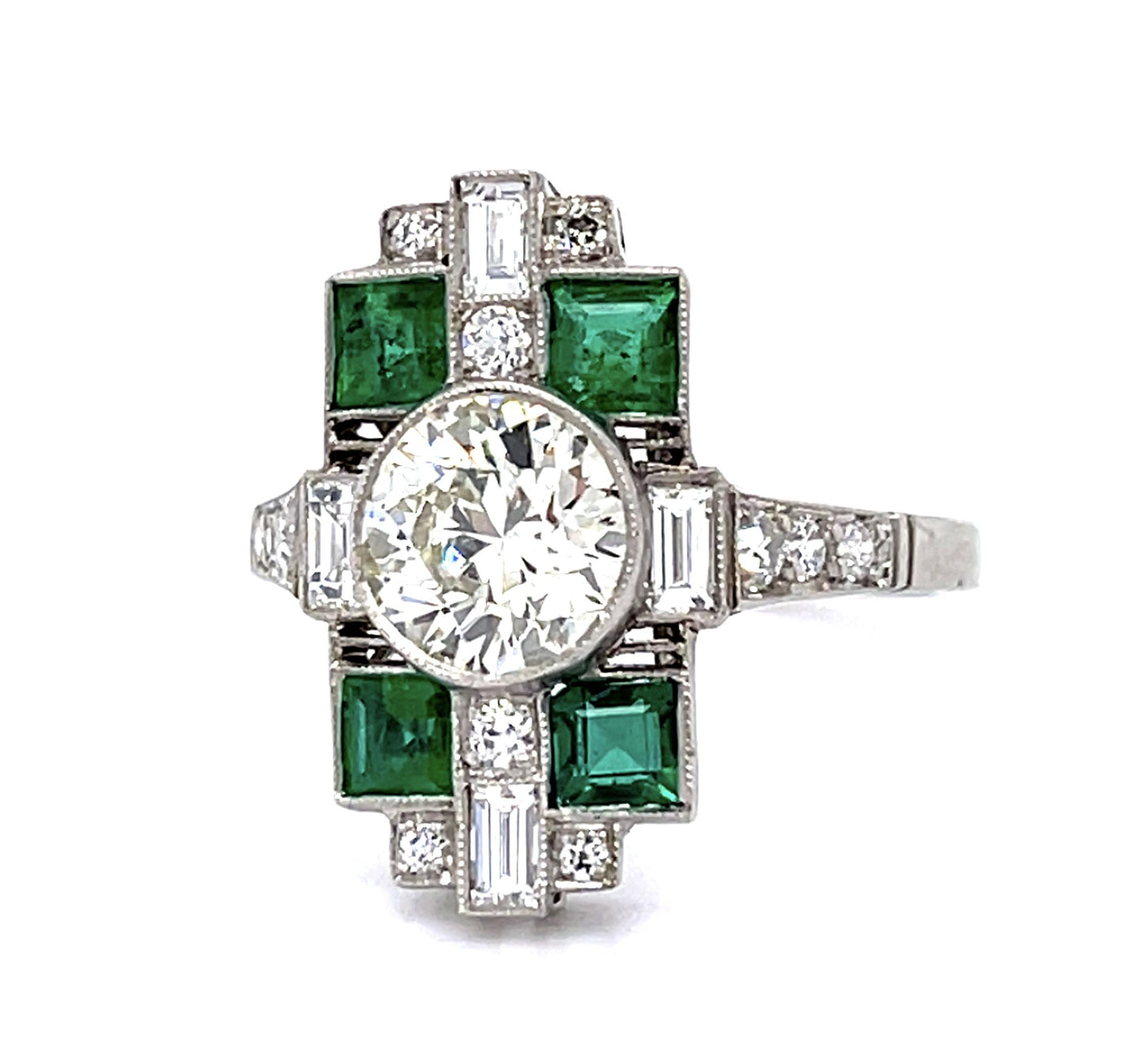 1.47ct Old European Center Diamond .72ct Emerald Platinum Handmade Ring .48ct SD