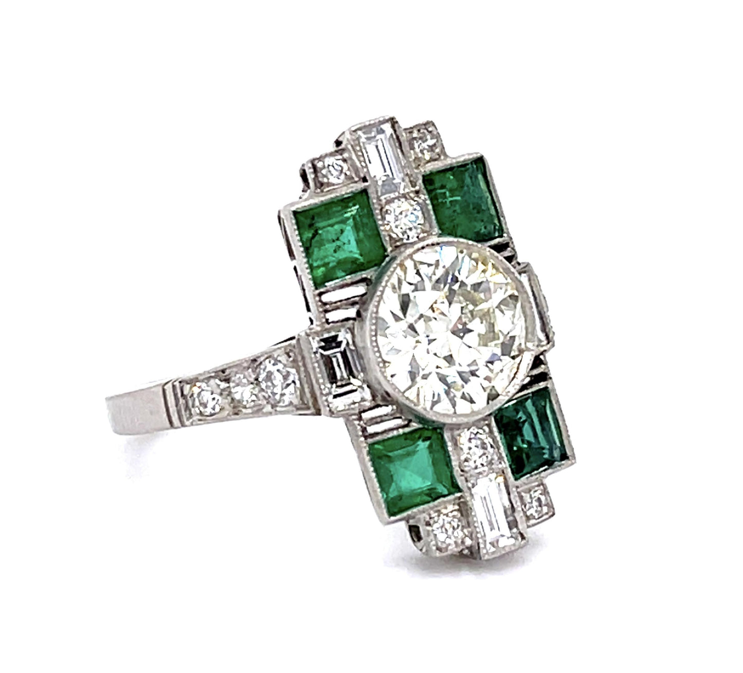 1.47ct Old European Center Diamond .72ct Emerald Platinum Handmade Ring .48ct SD