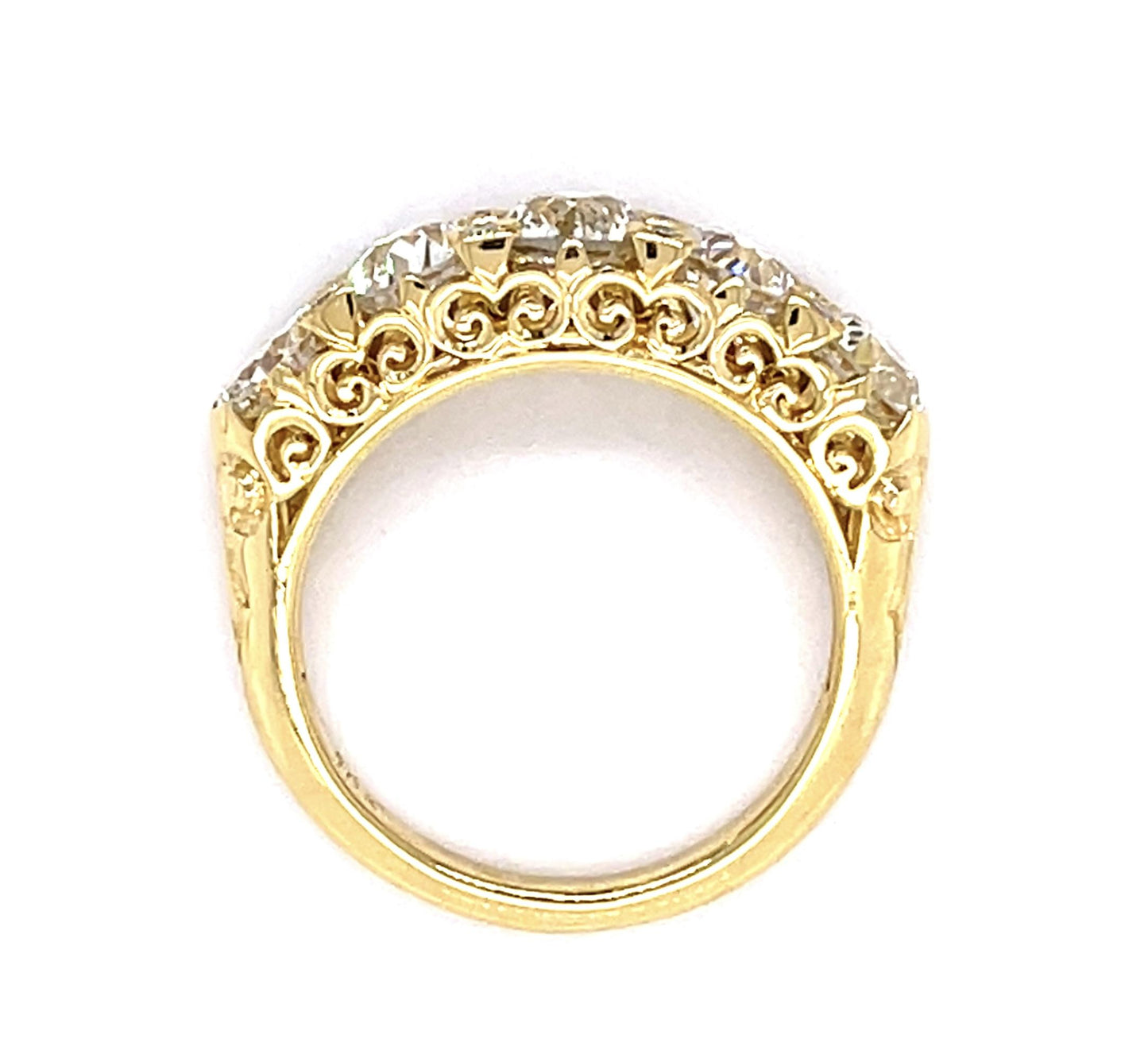2.62ct Old Euro Dia 18KY Engraved Five Stone Ring with .08ct side dia on prongs