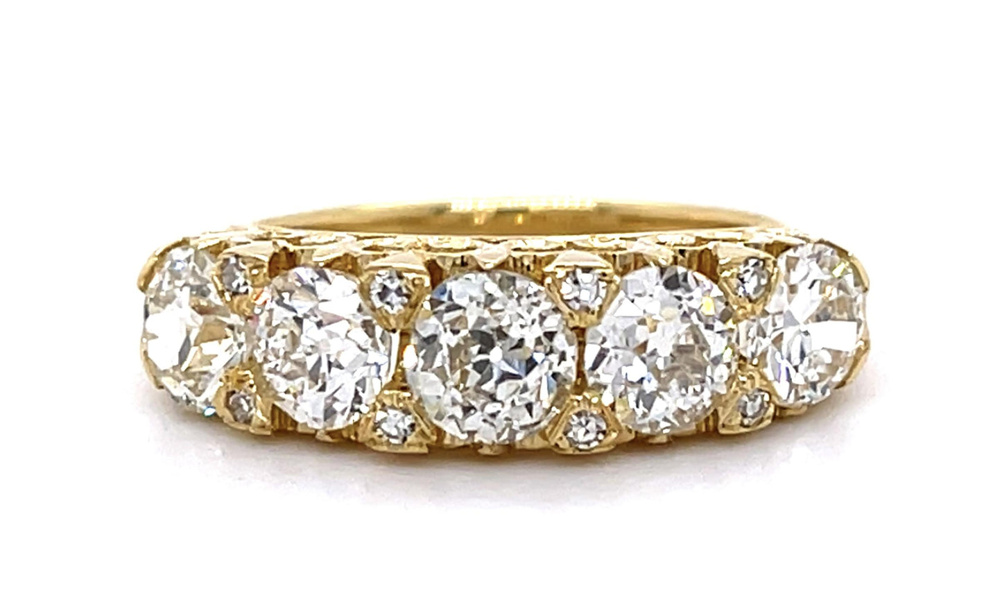 2.62ct Old Euro Dia 18KY Engraved Five Stone Ring with .08ct side dia on prongs