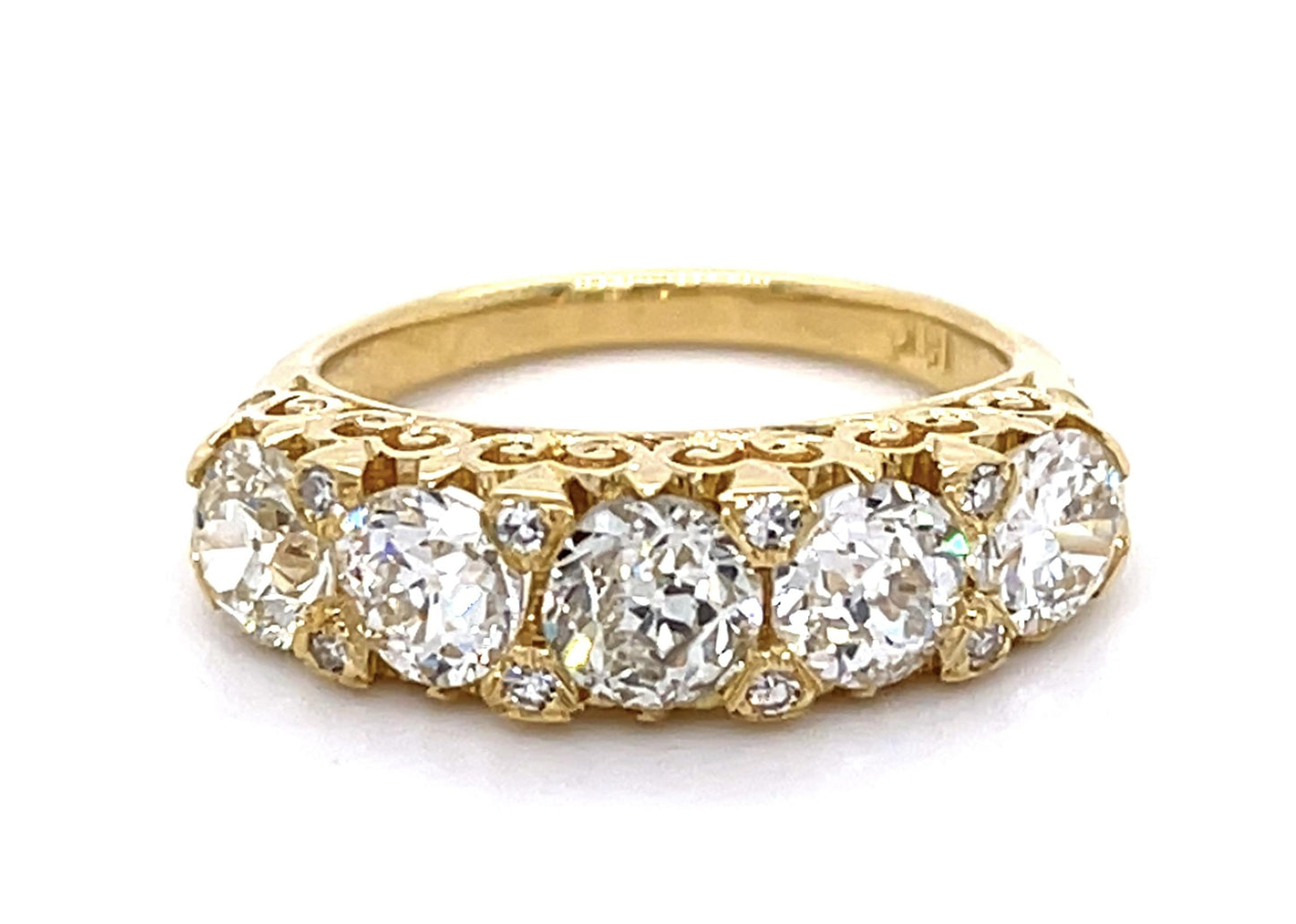2.62ct Old Euro Dia 18KY Engraved Five Stone Ring with .08ct side dia on prongs