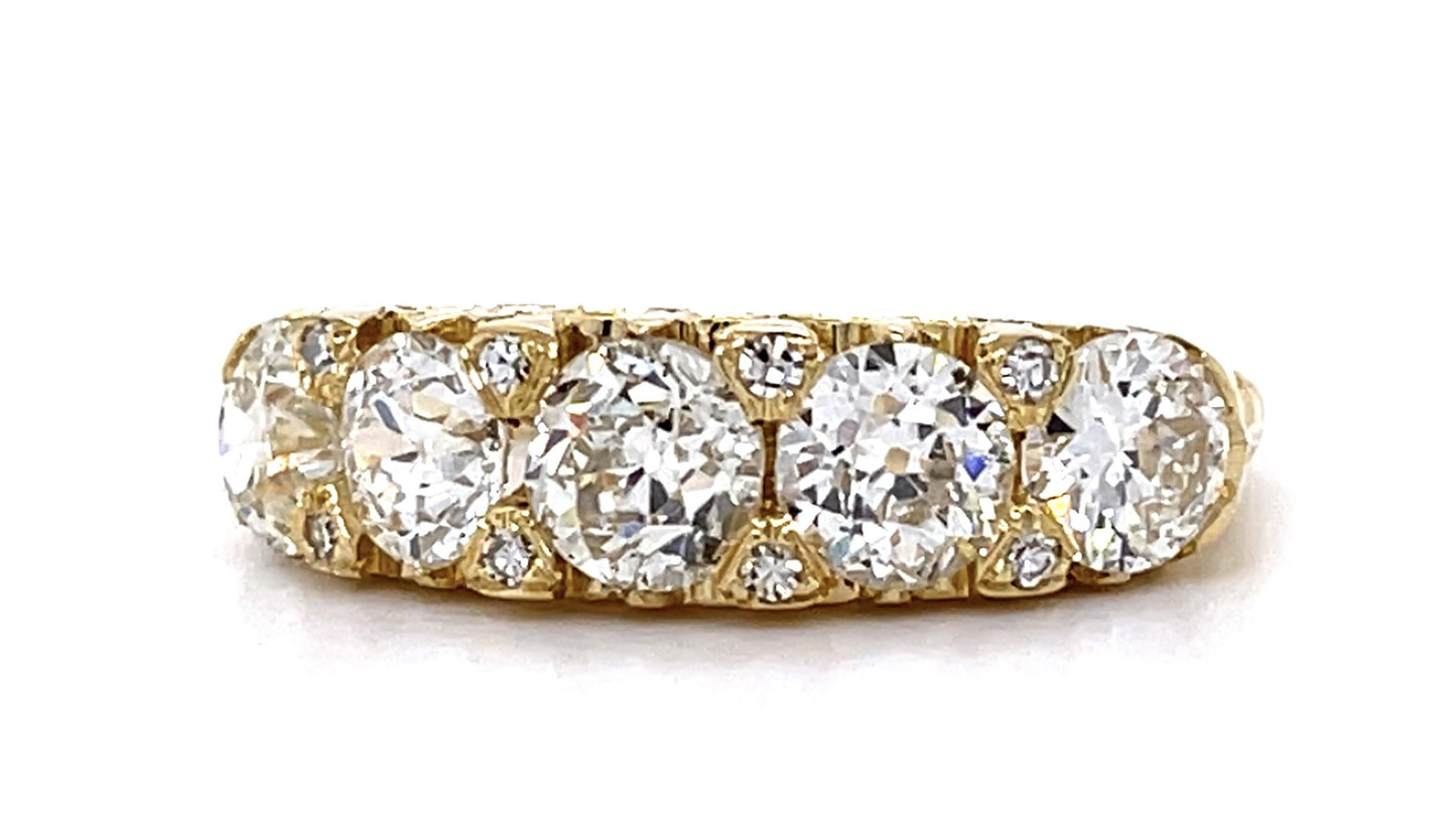 2.62ct Old Euro Dia 18KY Engraved Five Stone Ring with .08ct side dia on prongs