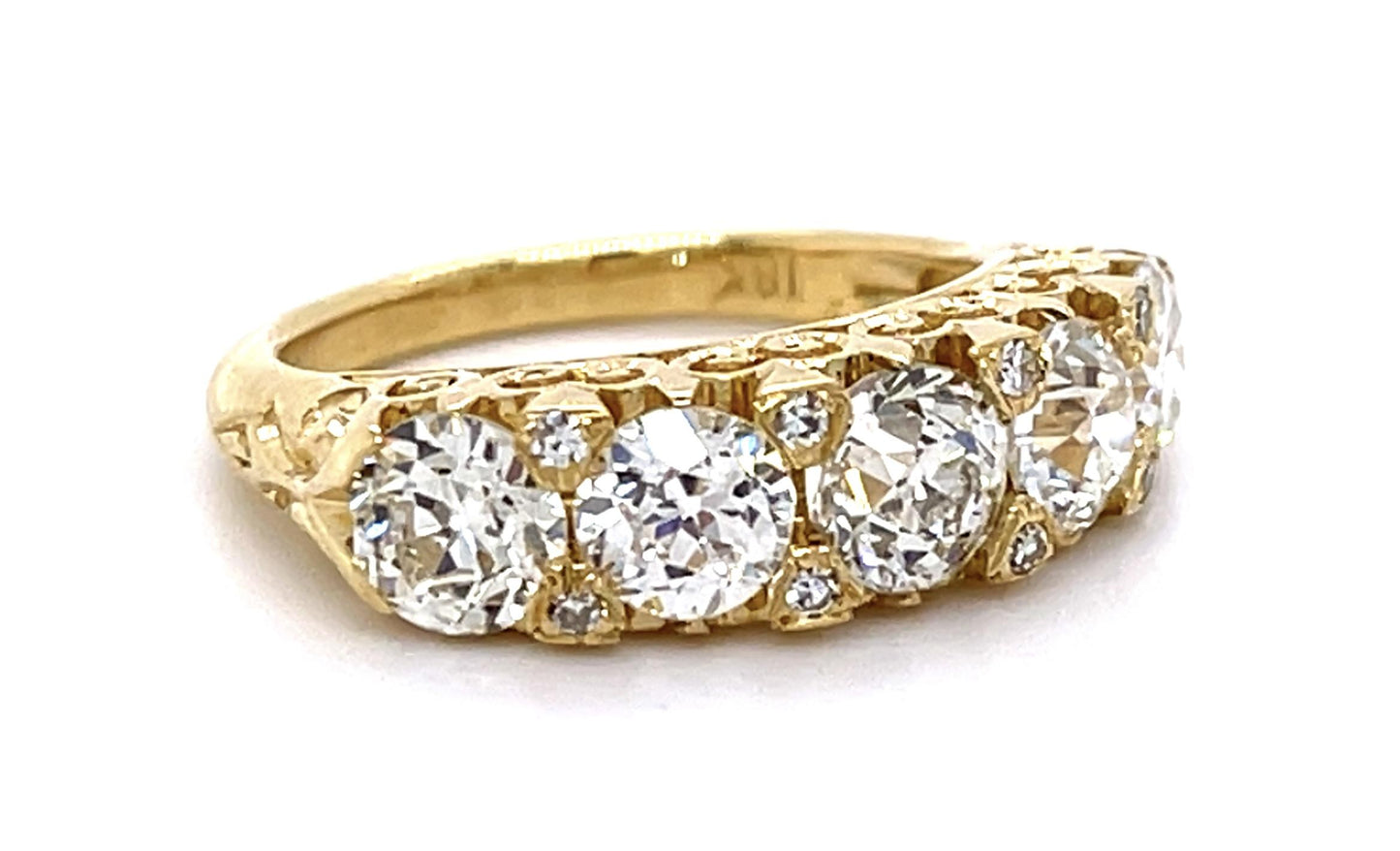 2.62ct Old Euro Dia 18KY Engraved Five Stone Ring with .08ct side dia on prongs