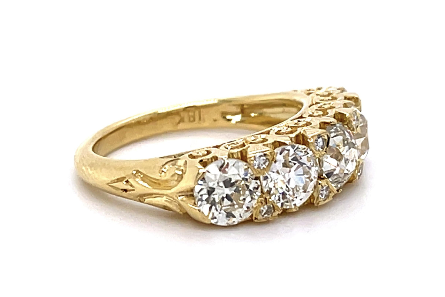 2.62ct Old Euro Dia 18KY Engraved Five Stone Ring with .08ct side dia on prongs