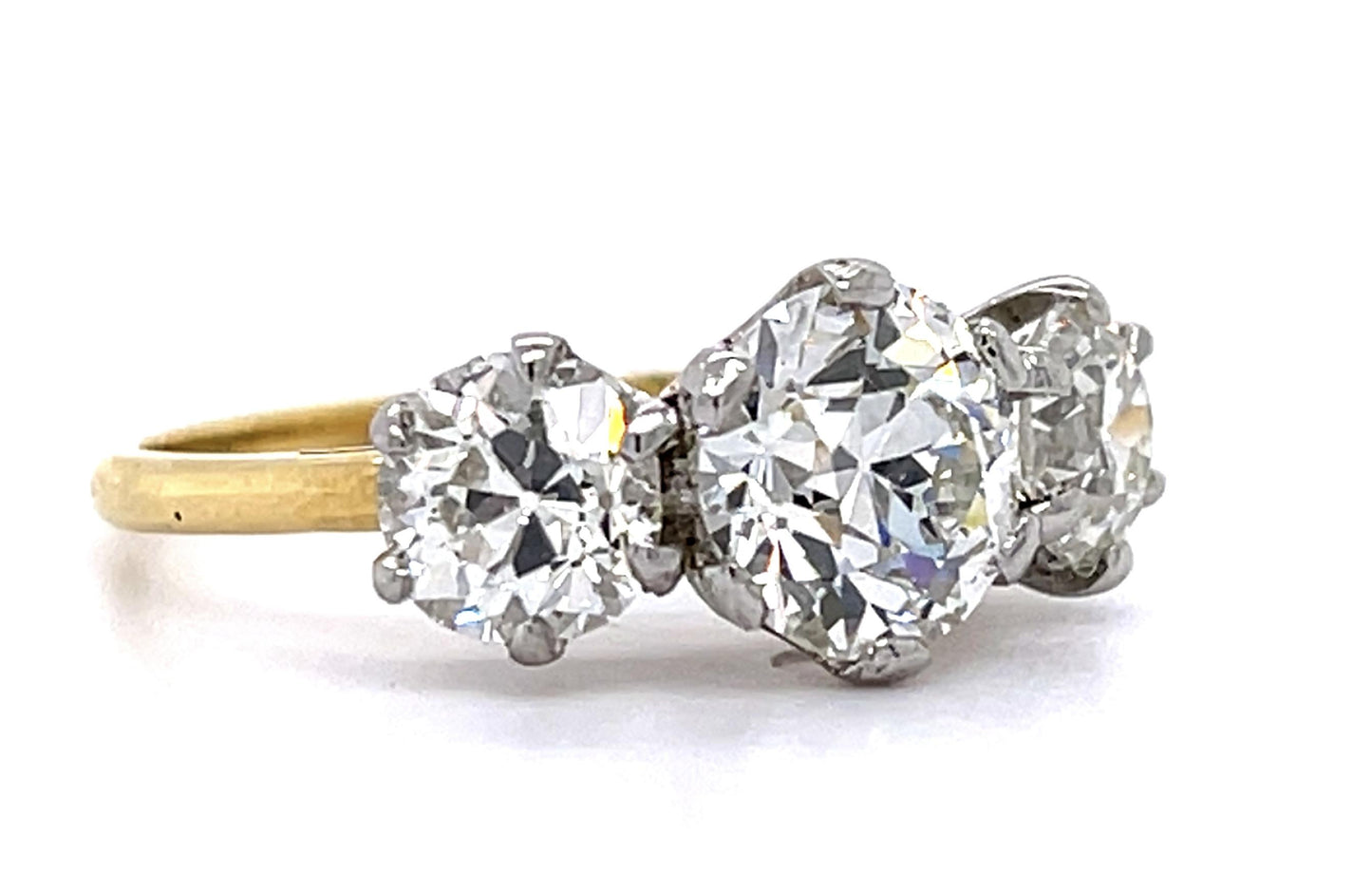 Original Edwardian 1.77ct Old Euro Center Diamond PT+18KY Three Stone Ring