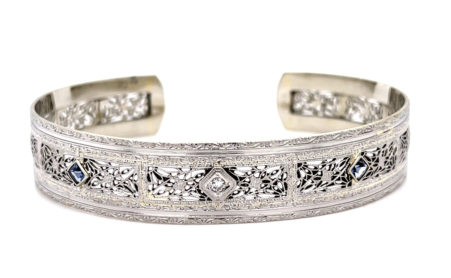 Original Art Deco .08ct Diamond PT+14KW Bangle Bracelet 14g