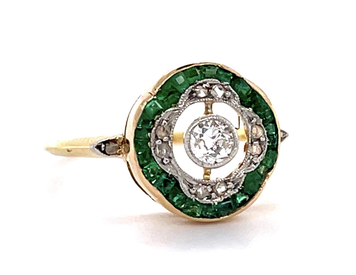 Art Deco .16ct Old Mine Center Diamond .38ct Emerald 18KY Ring (Antique 1920s)