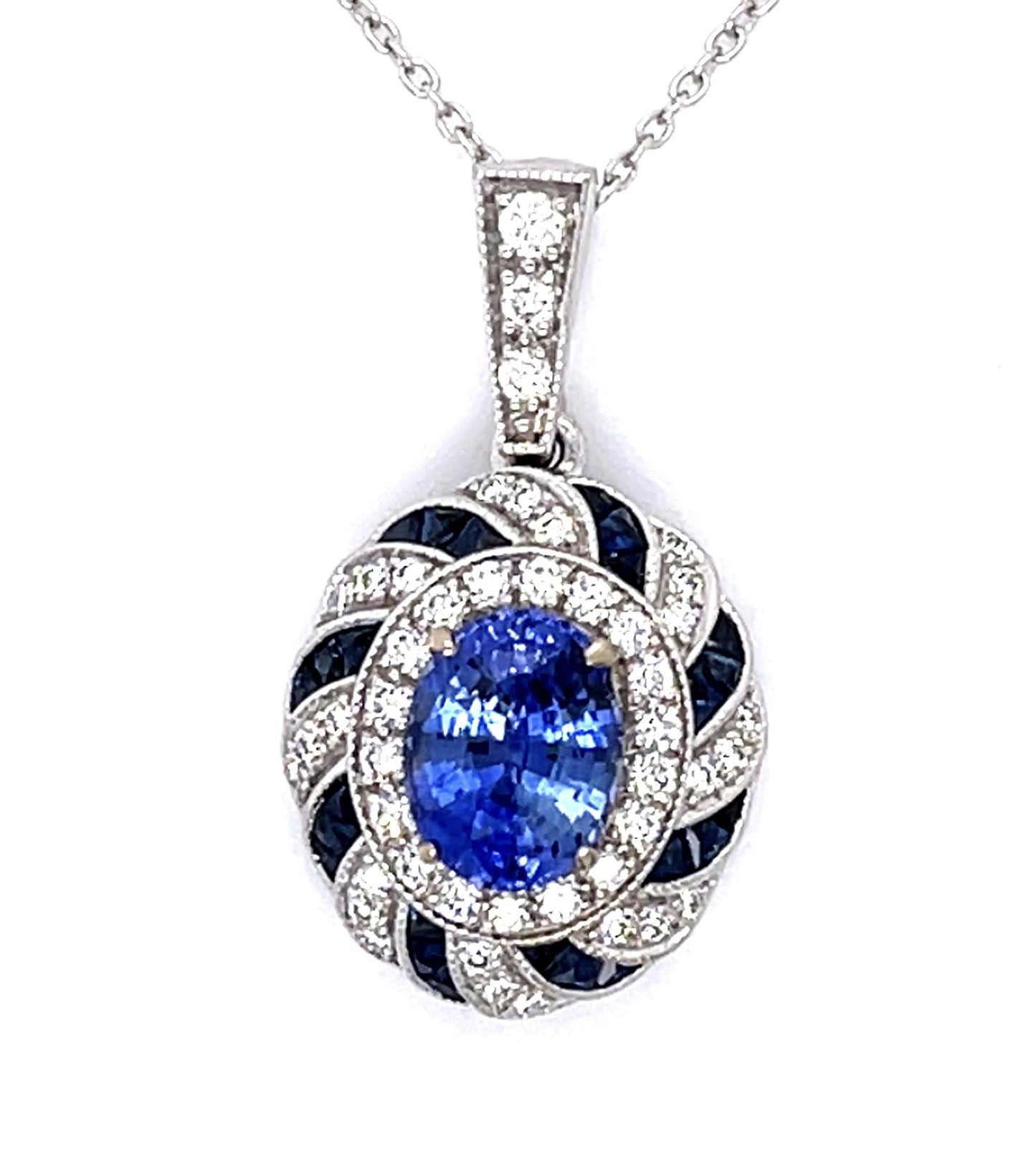 1.52ct Center Sapphire .38ct Diamond 14KW Pendant .90ct Side Sap