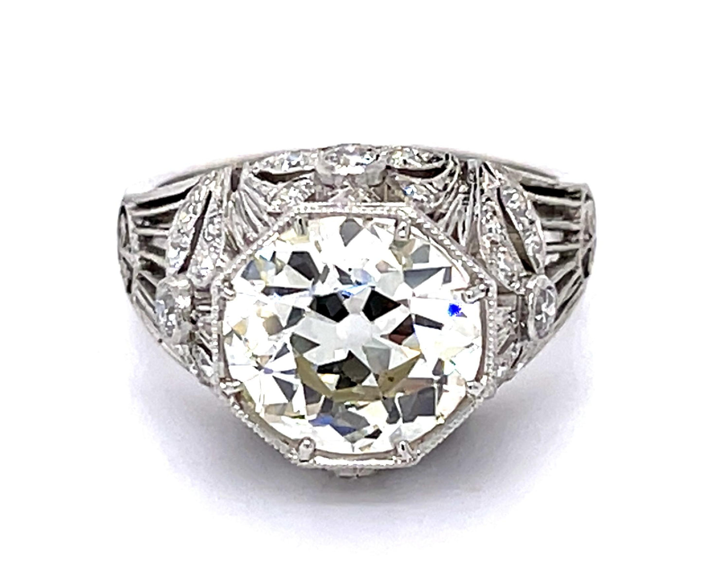 3.64ct M VS2 Old European Diamond Platinum Handmade Ring .60ct SD