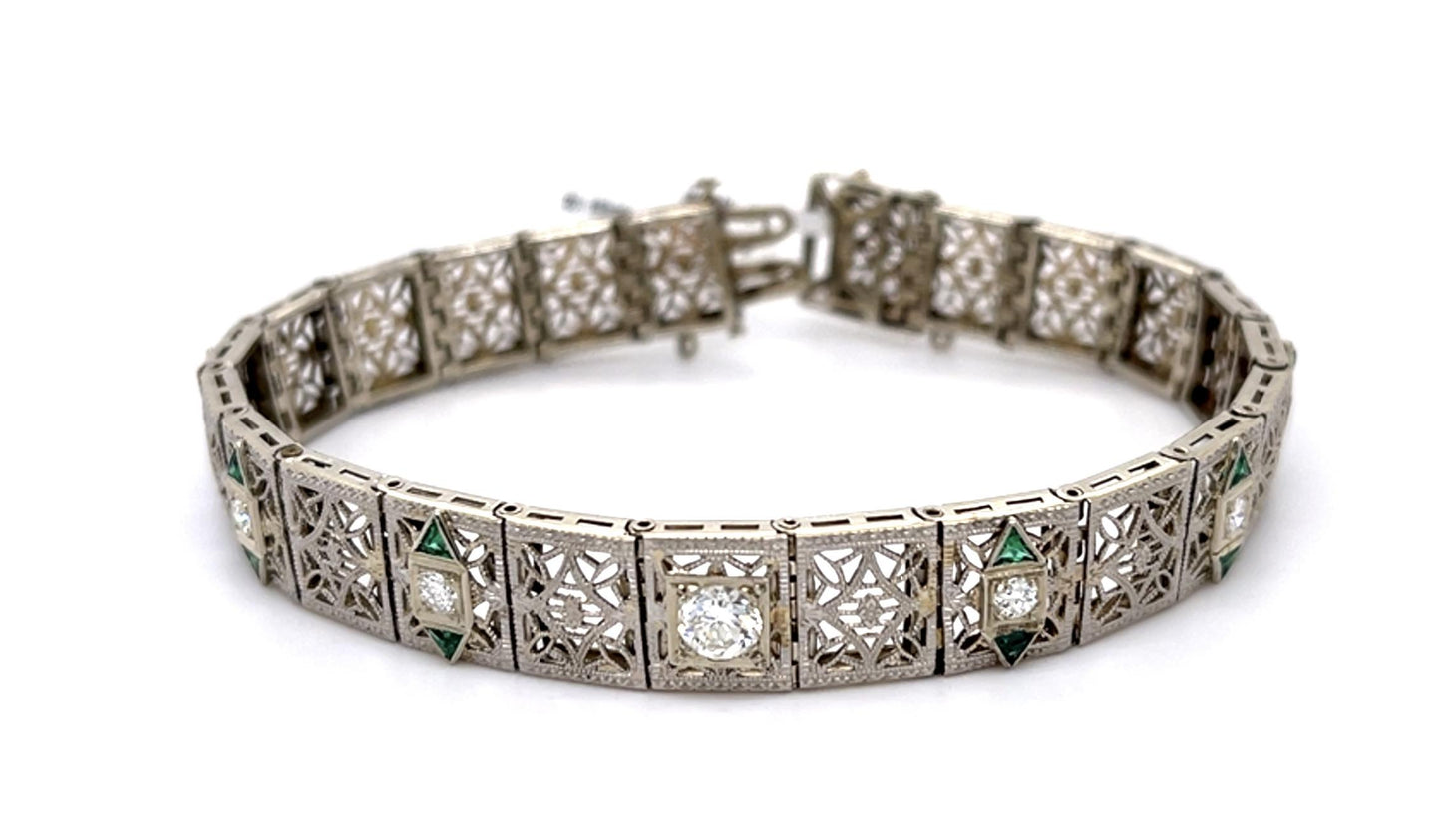Art Deco .50ct Diamond .50ct Emerald PT Bracelet (Antique 1920s) 7"