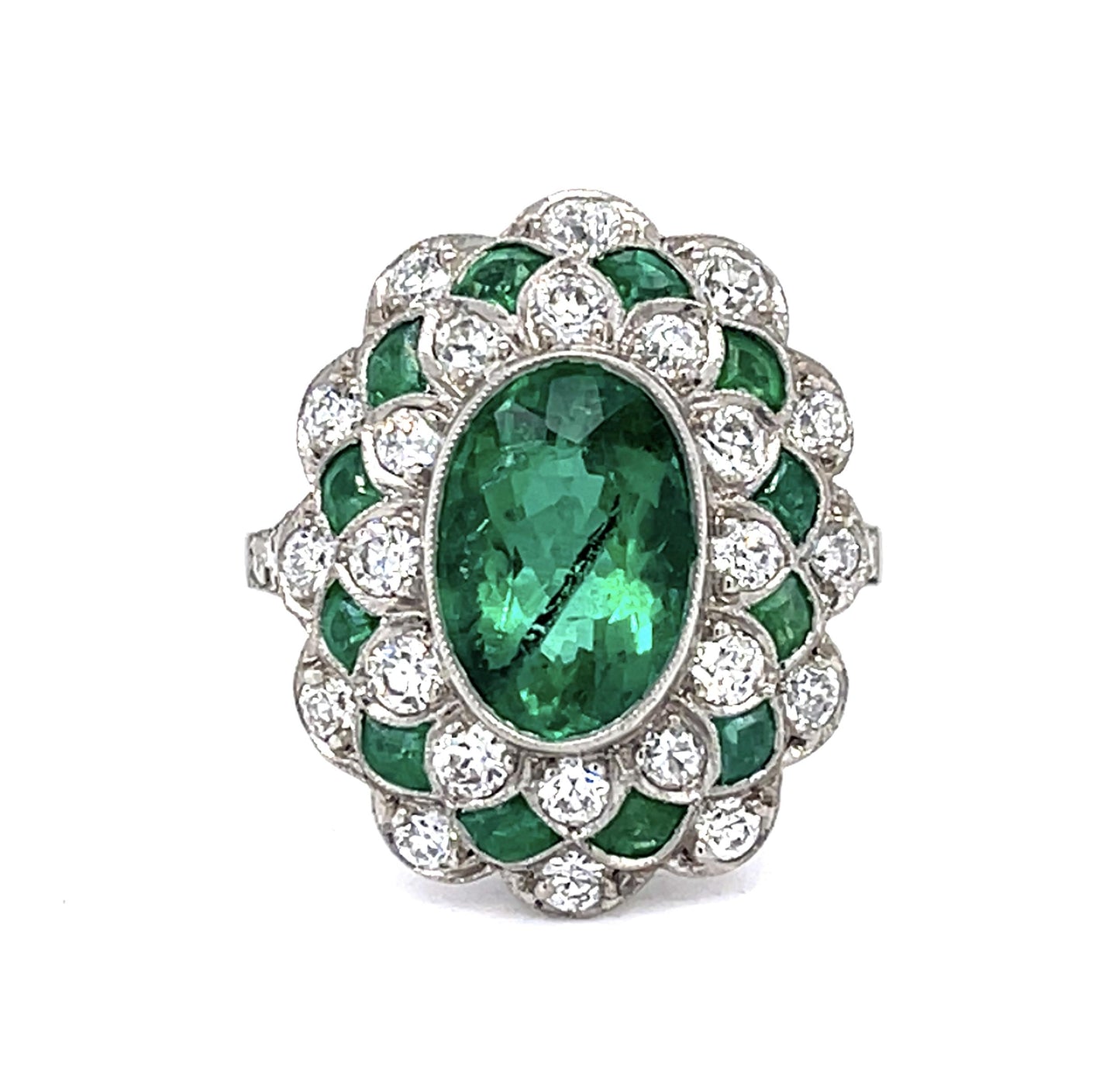 2.96ct F3 Brazilian Emerald 1.26ct Dia Platinum Handmade Ring 1.40ct Side Eme