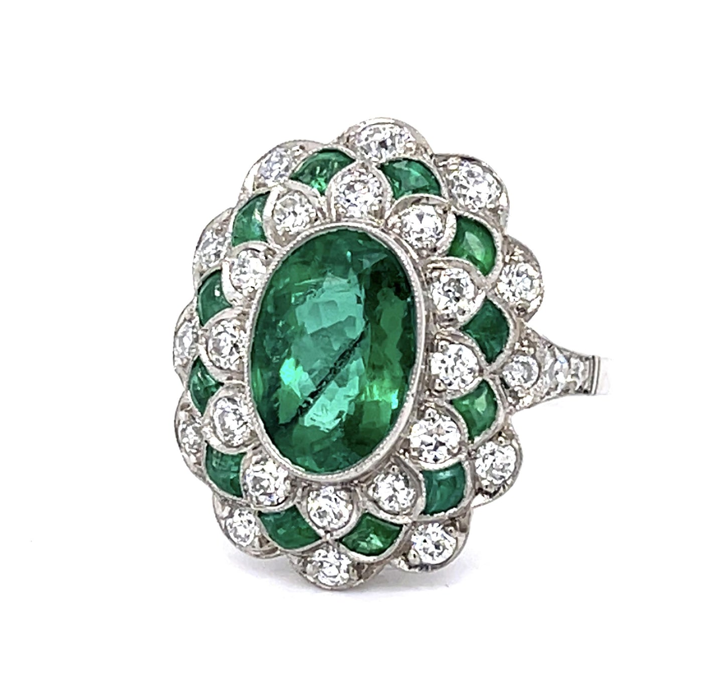 2.96ct F3 Brazilian Emerald 1.26ct Dia Platinum Handmade Ring 1.40ct Side Eme