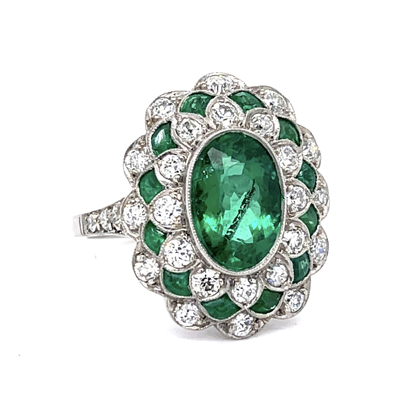 2.96ct F3 Brazilian Emerald 1.26ct Dia Platinum Handmade Ring 1.40ct Side Eme
