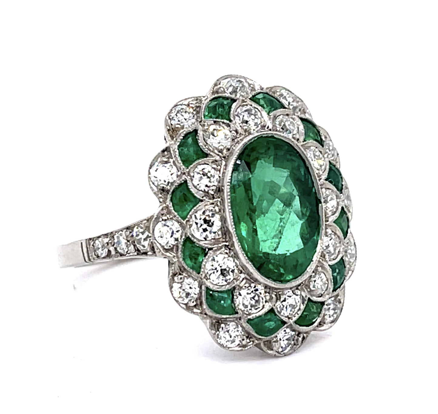 2.96ct F3 Brazilian Emerald 1.26ct Dia Platinum Handmade Ring 1.40ct Side Eme