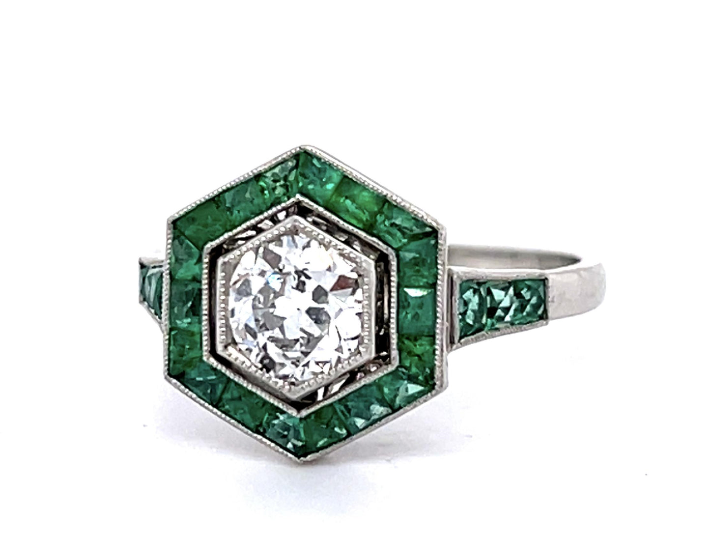 .68ct Old European Diamond Center 1.40ct Emerald Platinum Handmade Ring