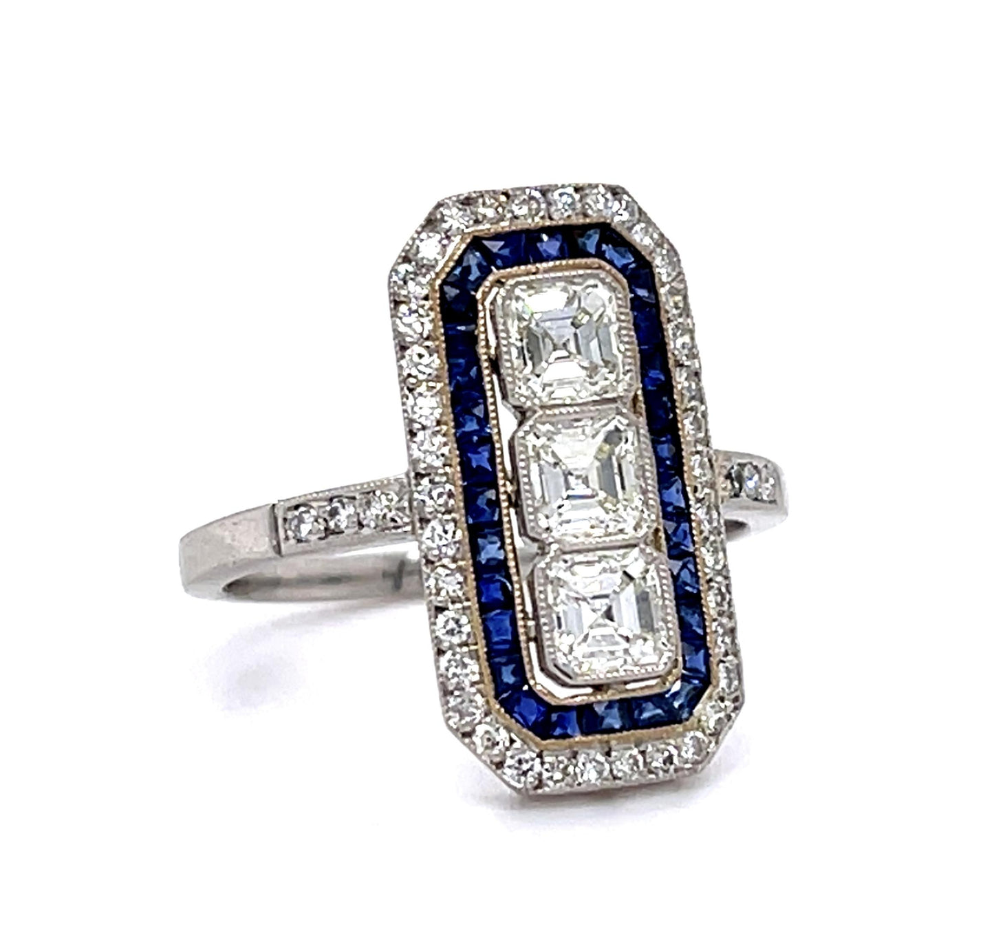 .93ct Square-cut Diamond .80ct Sapphire Platinum Handmade Ring .48ct SD