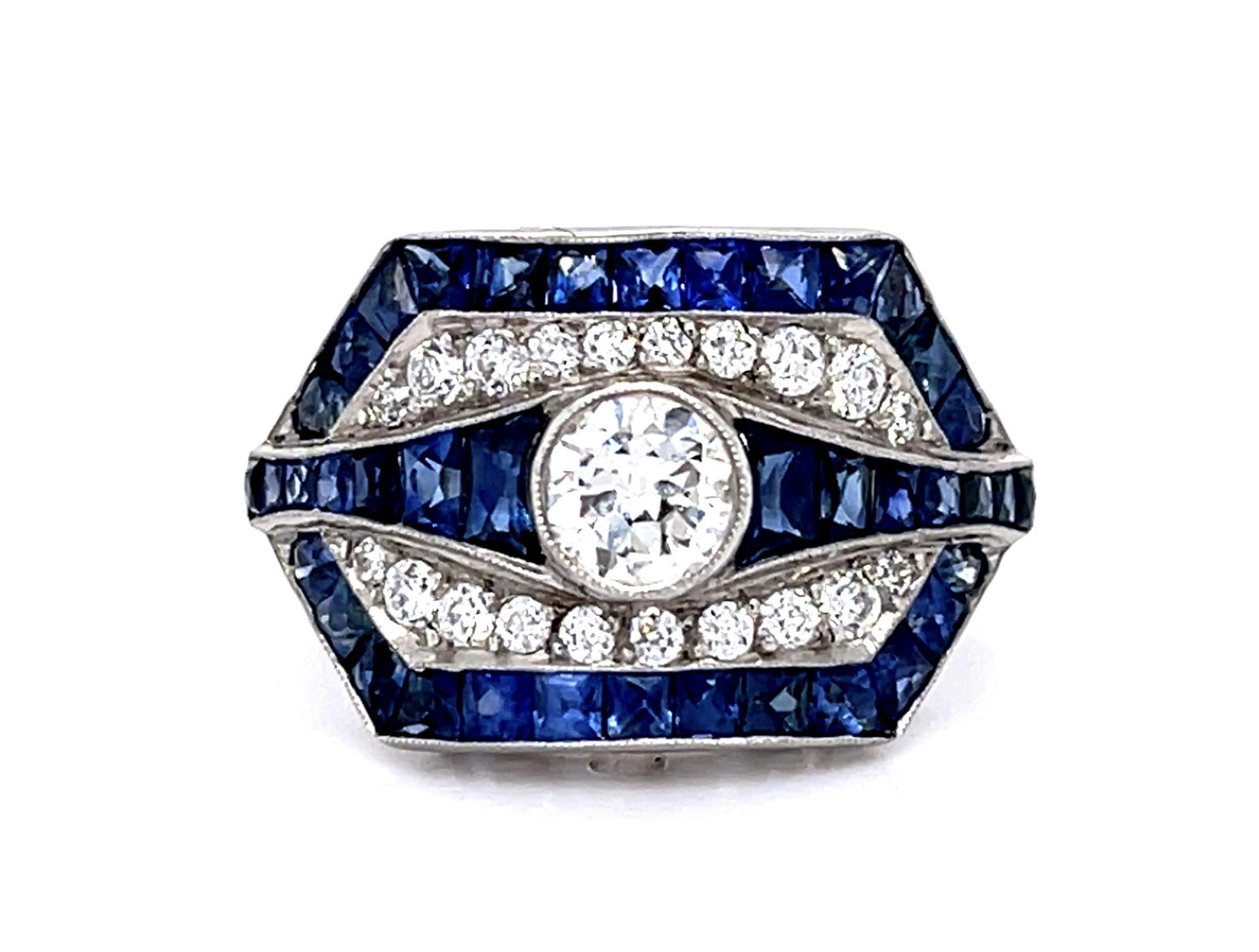 .45ct Center Old Euro Diamond 3.30ct Sapphire Platinum Handmade Ring .36ct SD