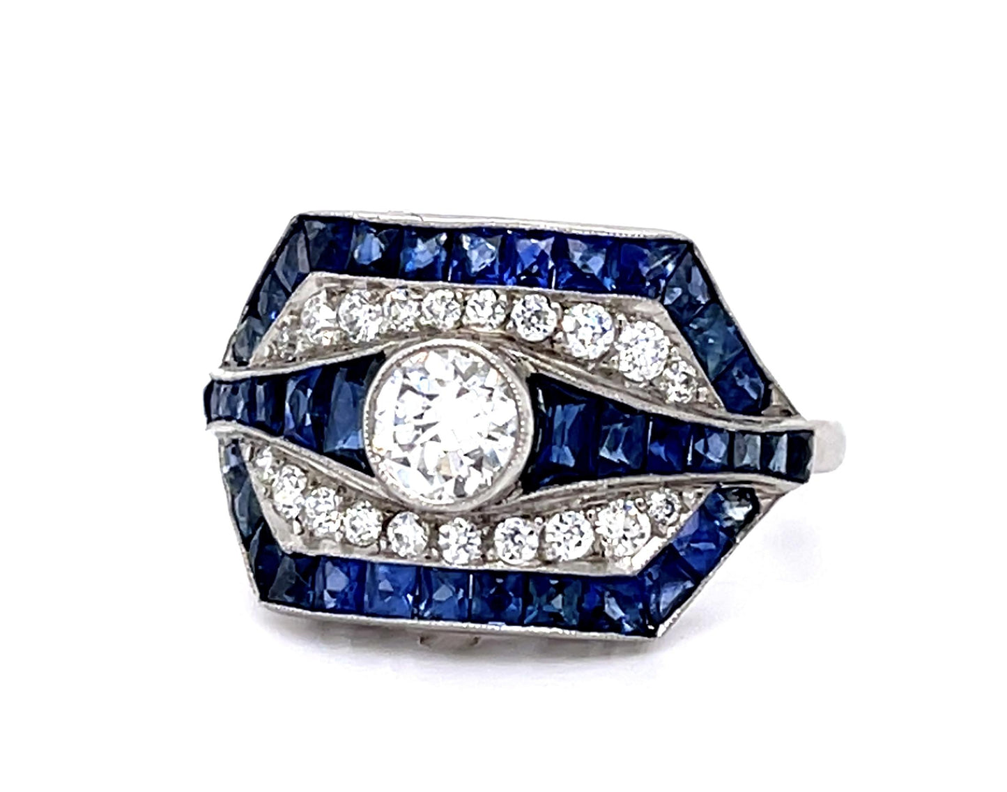 .45ct Center Old Euro Diamond 3.30ct Sapphire Platinum Handmade Ring .36ct SD
