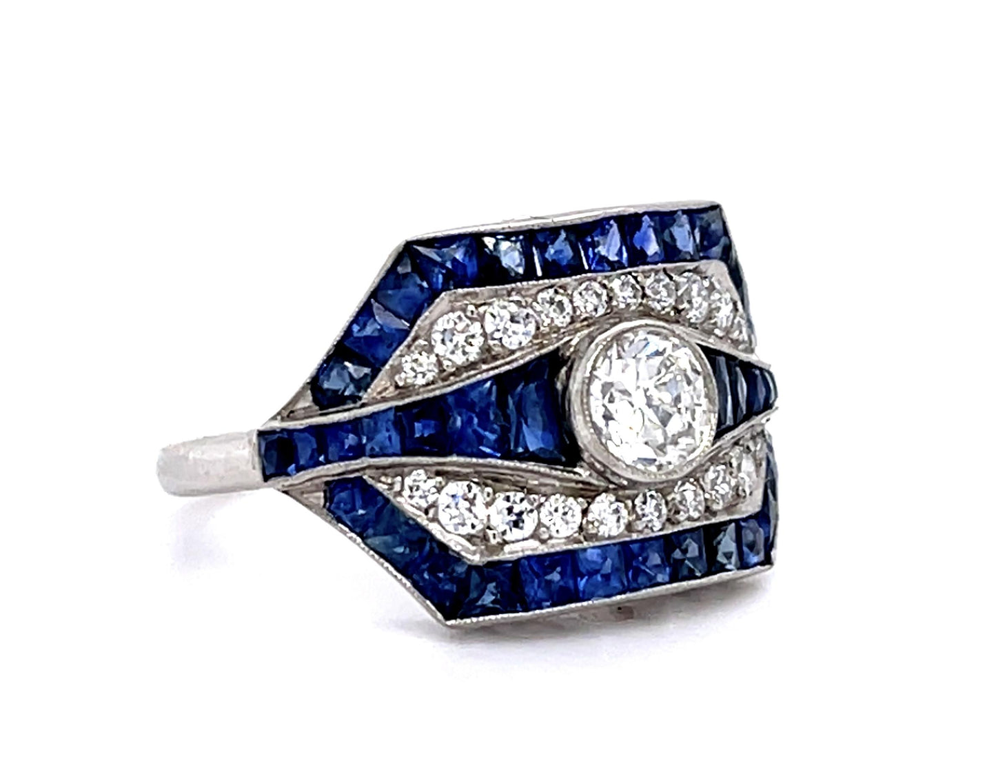 .45ct Center Old Euro Diamond 3.30ct Sapphire Platinum Handmade Ring .36ct SD