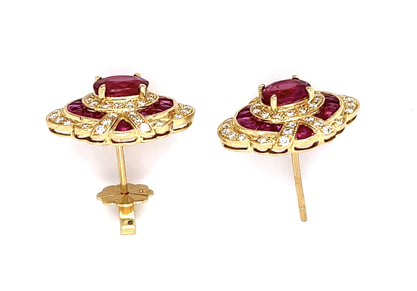 2ct Ruby Centers 1.10ct Diamond 18KY Stud Earrings 2.20ct French-cut Side Rubies
