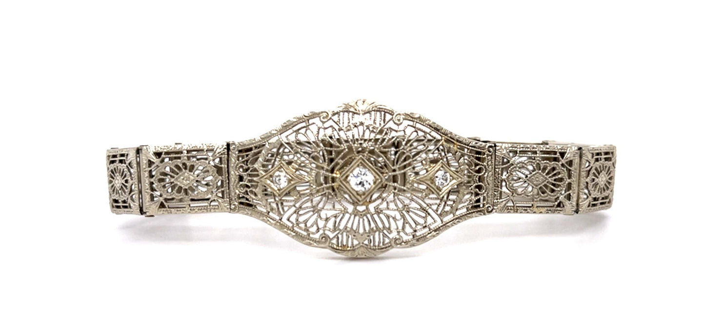 Art Deco .35ct Diamond 14KW Filigree Panel Bracelet (Antique 1920s) 12.8g 6.50"