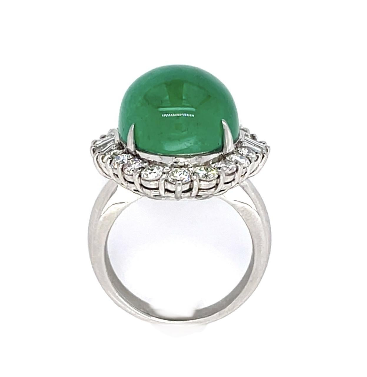 13.83ct Cabochon F2 Colombian Emerald 1.22ct Diamond Platinum Ring