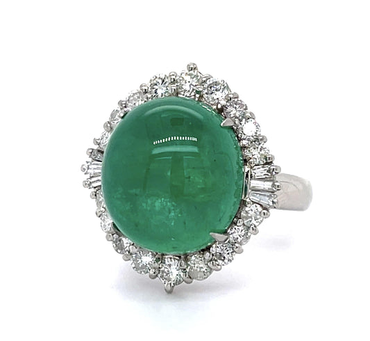 13.83ct Cabochon F2 Colombian Emerald 1.22ct Diamond Platinum Ring