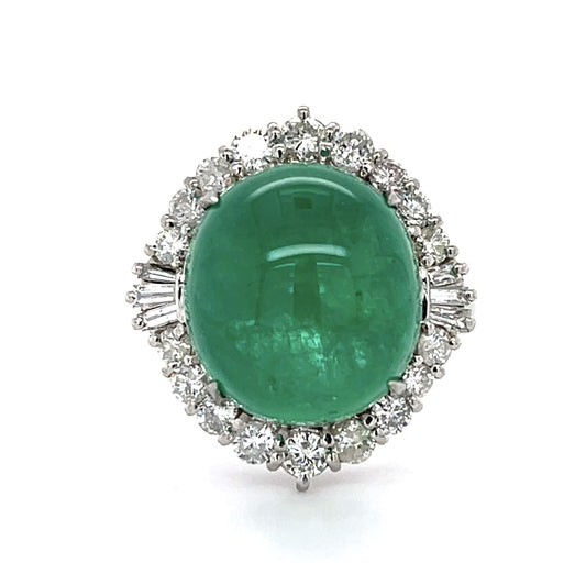 13.83ct Cabochon F2 Colombian Emerald 1.22ct Diamond Platinum Ring