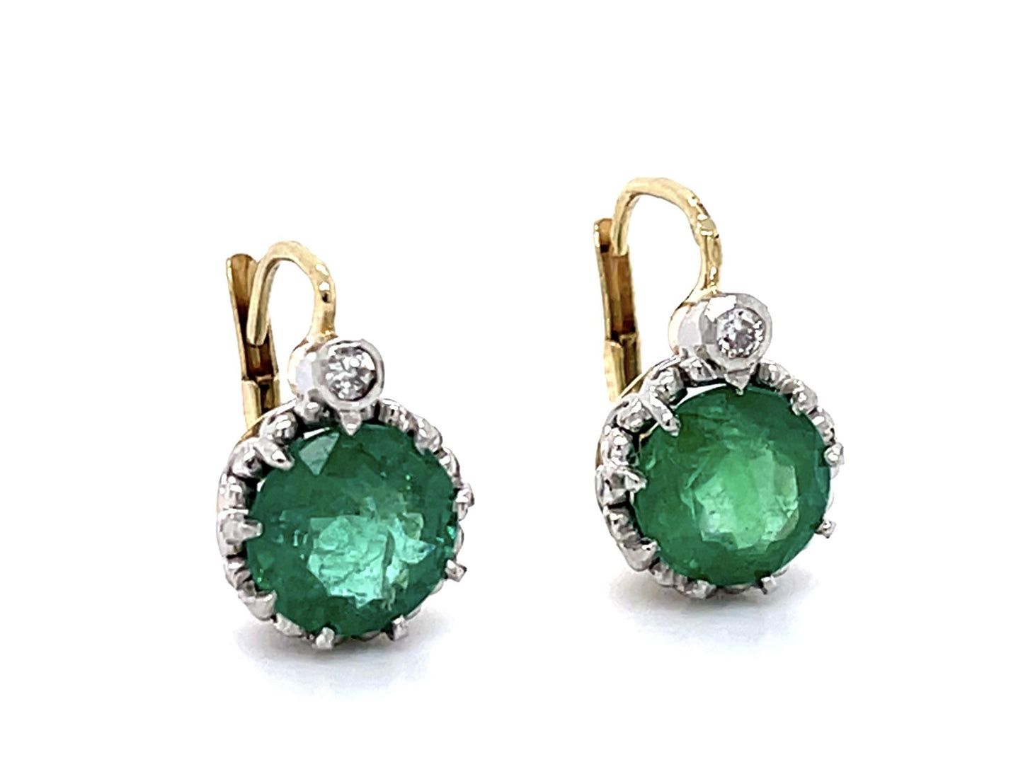 Art Deco 3.86ct Emerald .08ct Diamond PT+14KY Earrings (Vintage 1930s) .08ct Dia