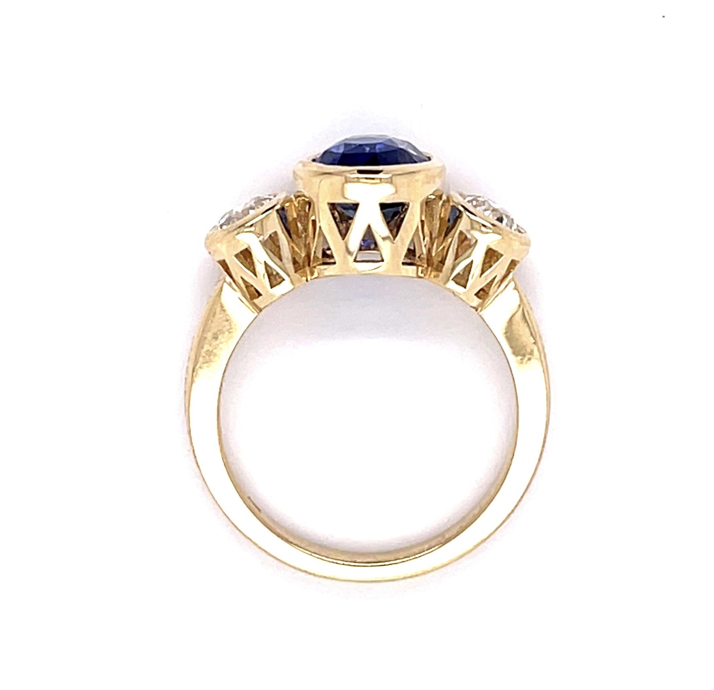 2.89ct Sapphire .69ct Old European Dia 14KY Three Stone Ring 5.31g 6.50 Size
