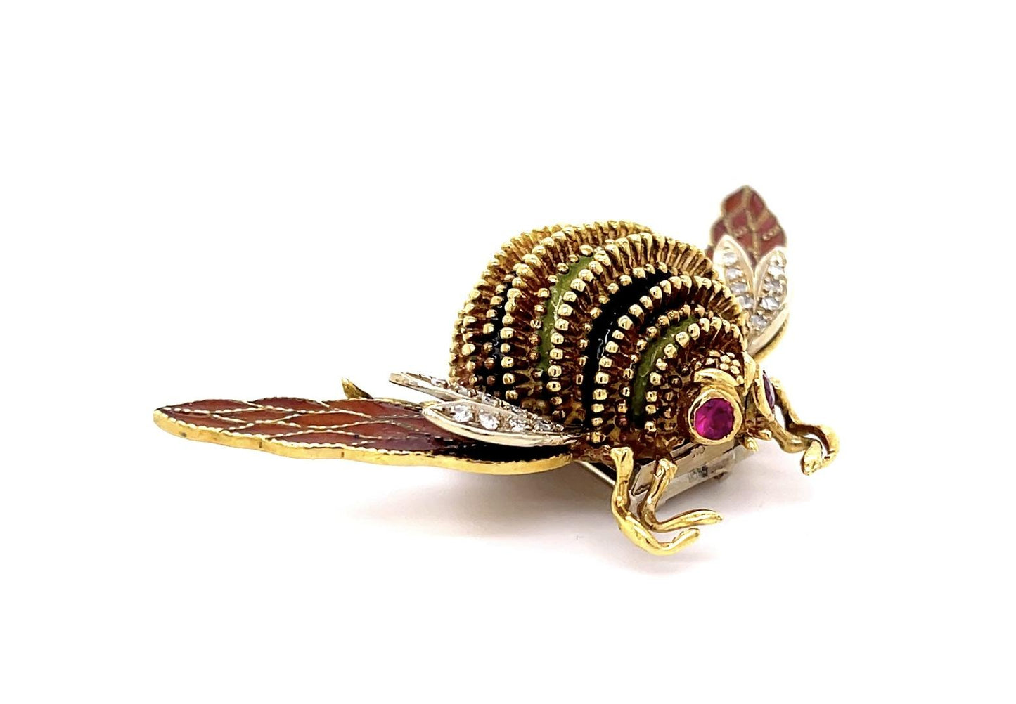 Italian Frascarolo .40ct Diamond .30ct Ruby + Enamel 18KY Bee Brooch Pin